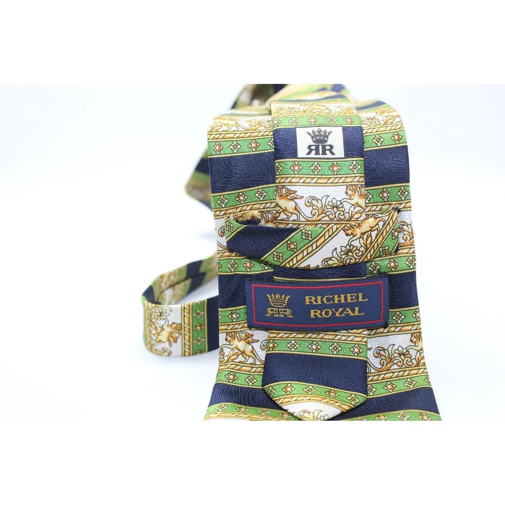 Richel Royal Mens Silk Tie Navy Green Gold Griffin Baroque Hand Made Spain